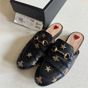 Gucci Black Leather Loafers with Gold Star and Bee Embroidery